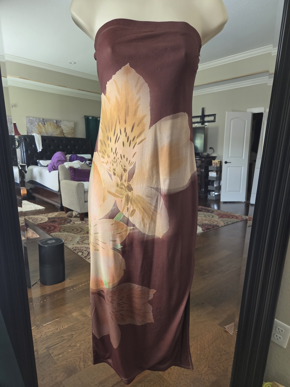 Madden Girl Brown Strapless Floral Maxi Dress with Cream Flowers